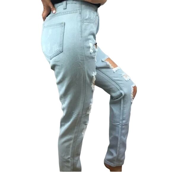 Small Light Wash Distressed High Rise Straight Leg Mom Denim Jeans - Picture 3 of 5